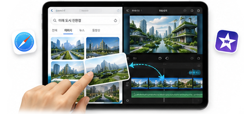 iPad 멀티태스킹으로 이미지를 영상 편집에 추가하는 화면